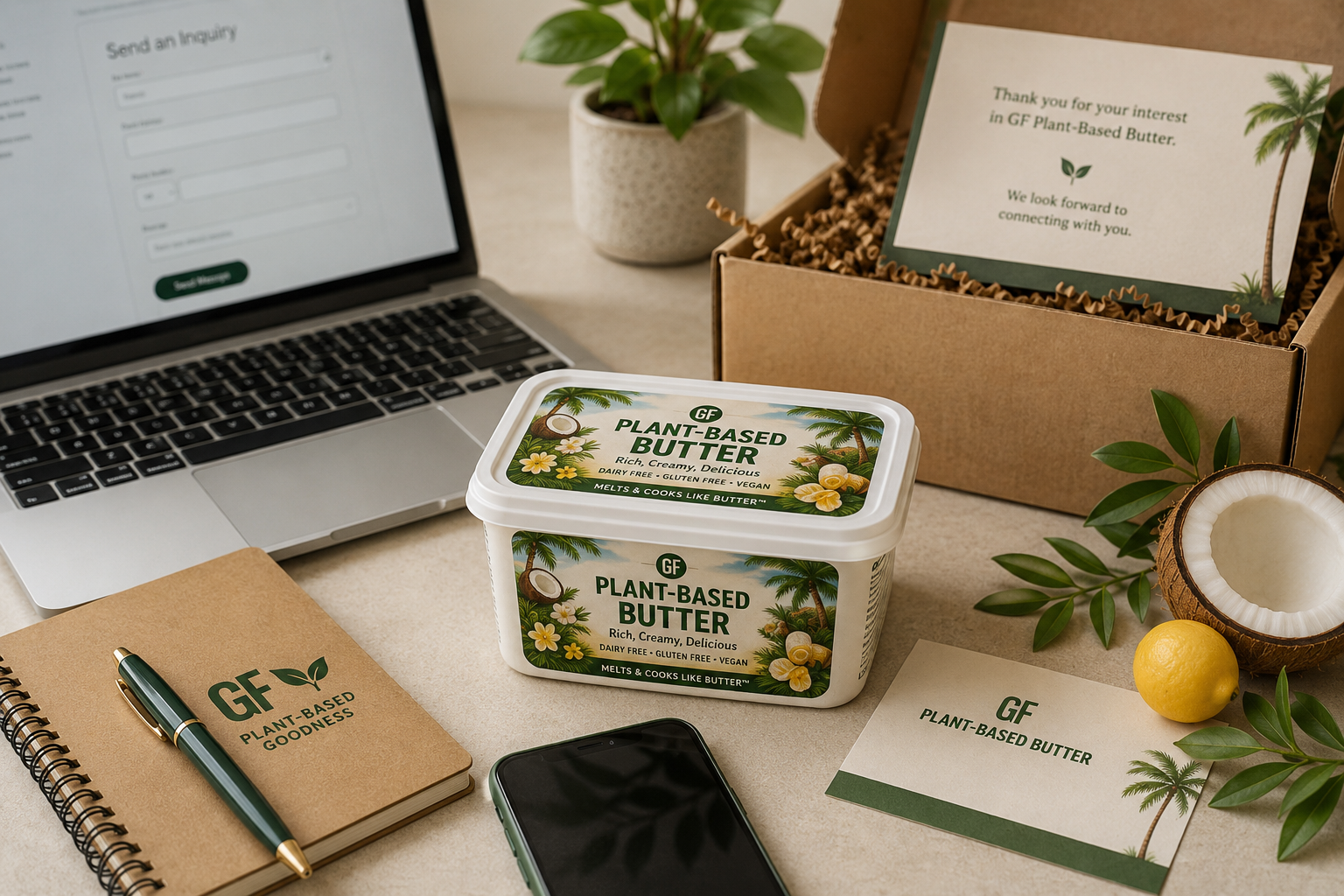 GF Plant-Based Butter product inquiry scene with retail tub, laptop, and contact materials