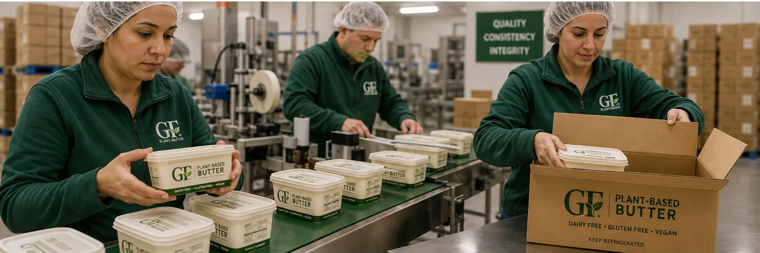GF Plant-Based Butter packaging and production team preparing branded tubs for refrigerated retail