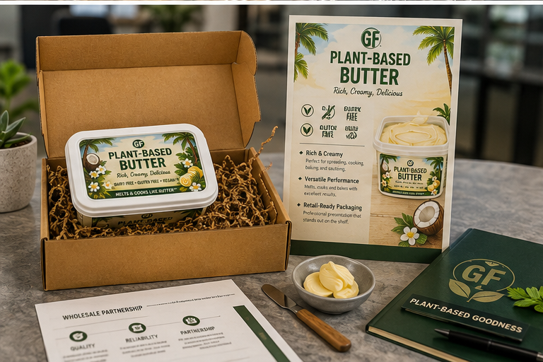 GF Plant-Based Butter buyer sample presentation with branded product, sample dish, and wholesale materials