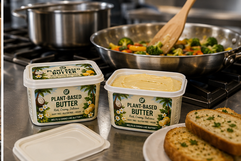 GF Plant-Based Butter tubs in a professional kitchen for cooking and foodservice use