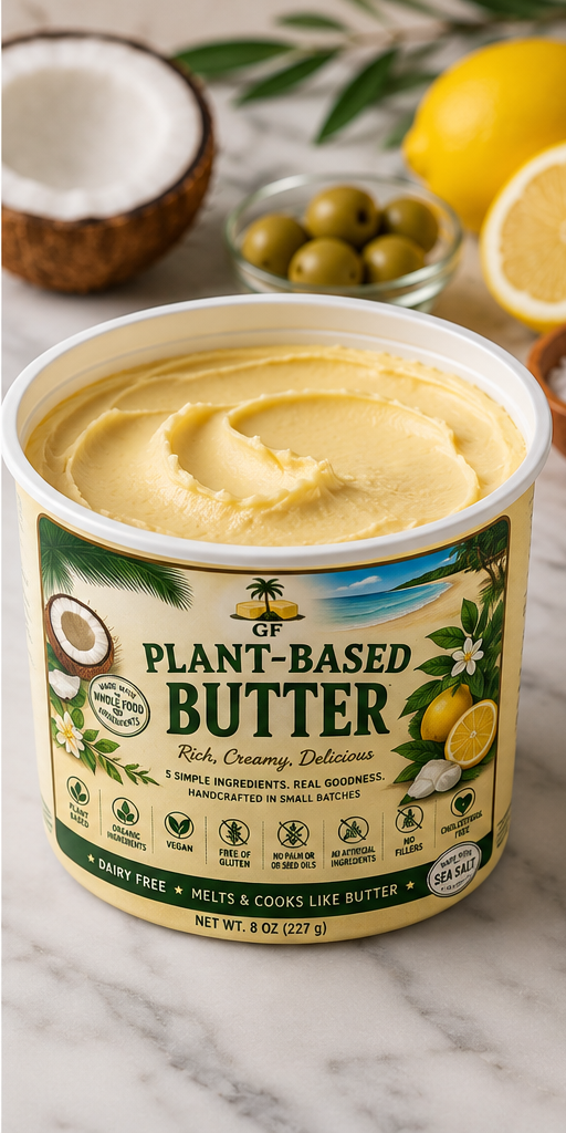 GF Plant-Based Butter open tub showing rich creamy texture with coconut, olives, and lemon