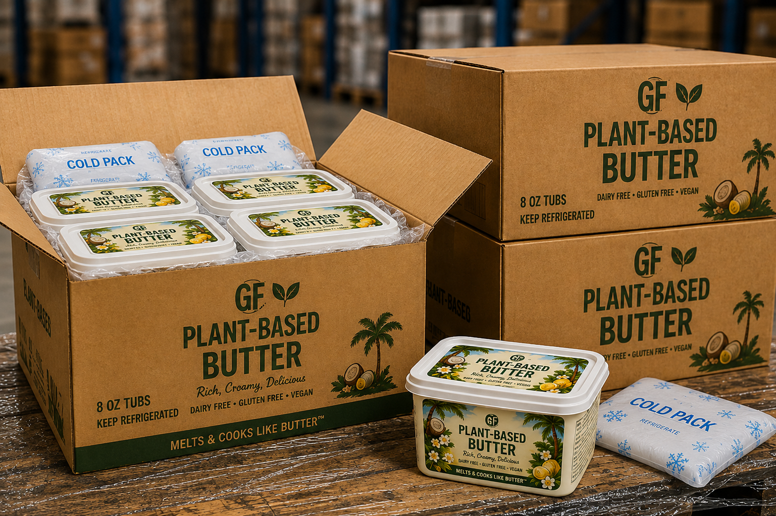 GF Plant-Based Butter wholesale packaging with rectangular tubs, branded shipping cartons, and cold packs prepared for refrigerated distribution