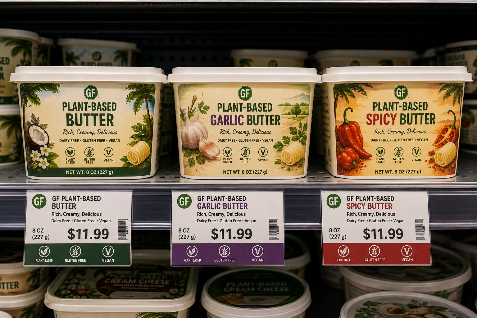 GF Plant-Based Butter product line on refrigerated retail shelf showing Original, Garlic Butter, and Spicy Butter tubs