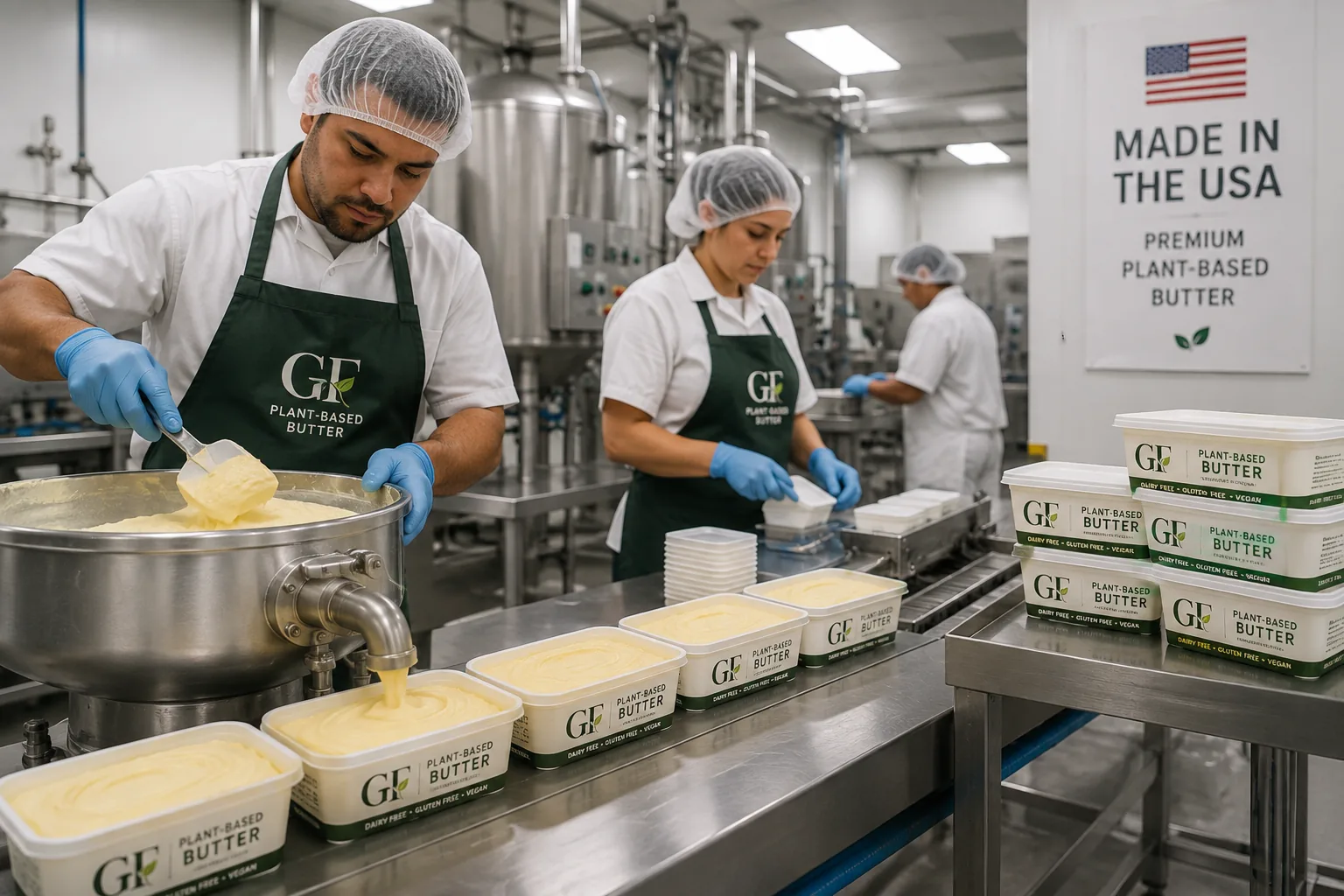 GF Plant-Based Butter production and packaging scene with branded rectangular tubs